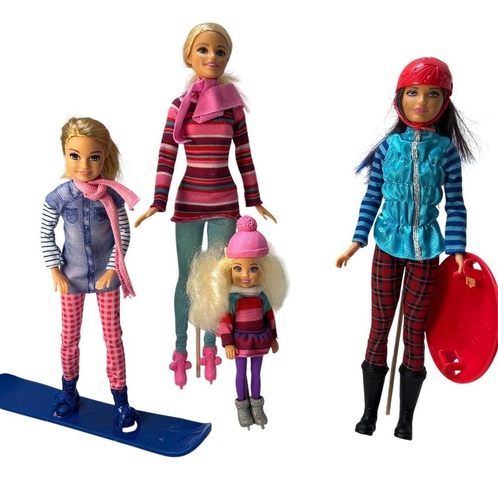 Mattel Barbie Chelsea Stacie Winter Sports Doll Lot Snowboard Sled Ice Skates